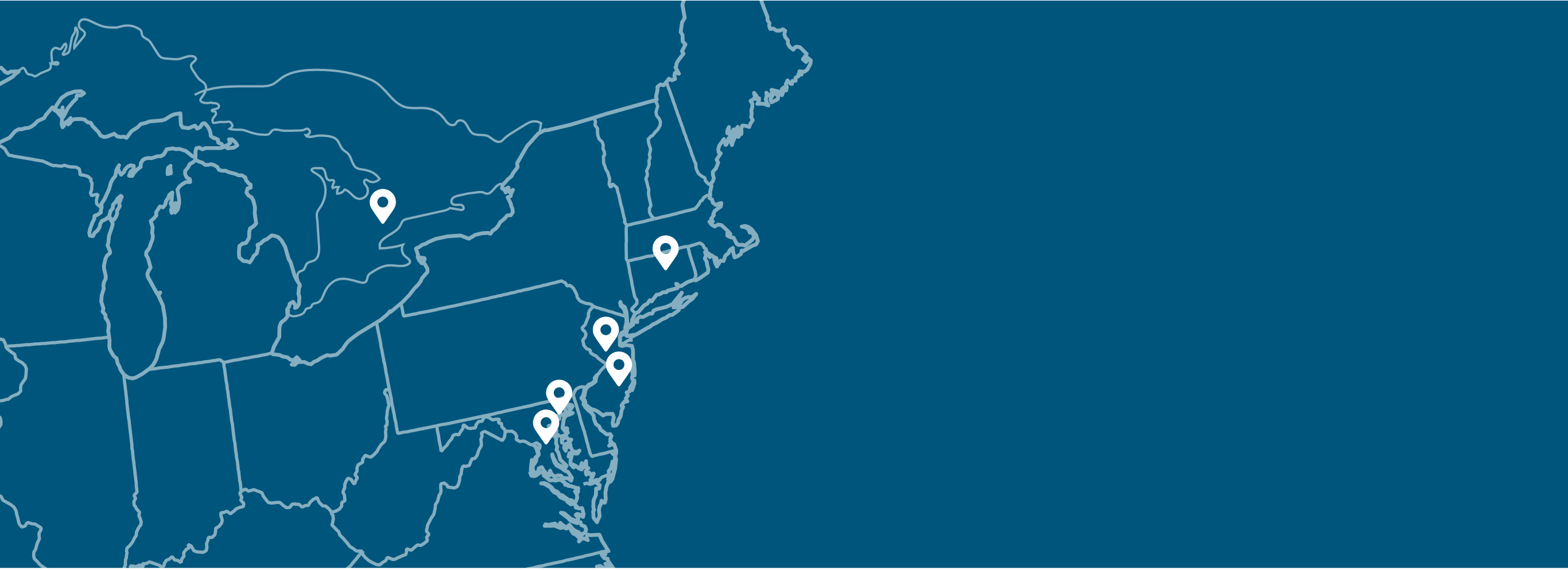 Photo of a map of the eastern United States displaying pin markers of all the Just-Rite Equipment locations