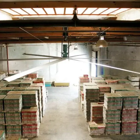 Photo of a high-volume low speed ceiling fan for a loading dock.